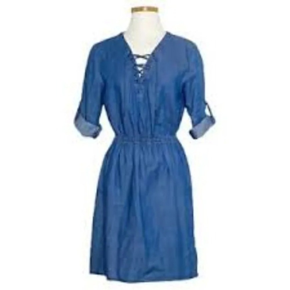 Mossimo Blue Chambray Lace Up V-Neck Roll Tab‎ Sleeve Dress Medium